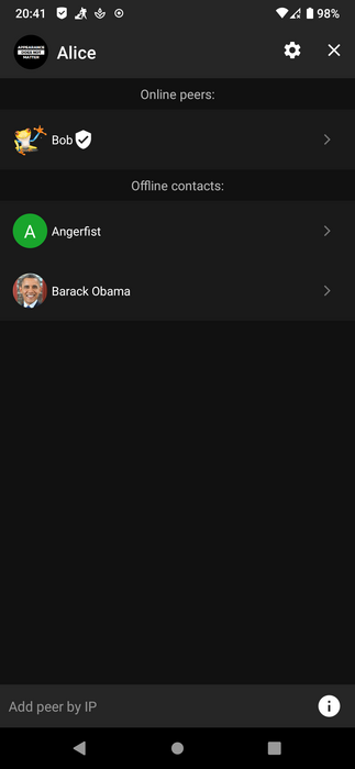 Screenshot of the main screen of AIRA-android, with Bob online and Angerfist and Barack Obama as contacts