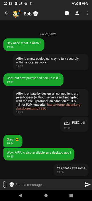 Screenshot of a conversation between Alice and Bob about AIRA