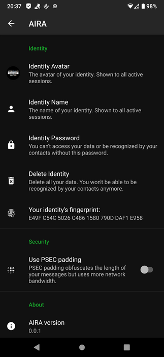 Screenshot of the settings screen of AIRA-android
